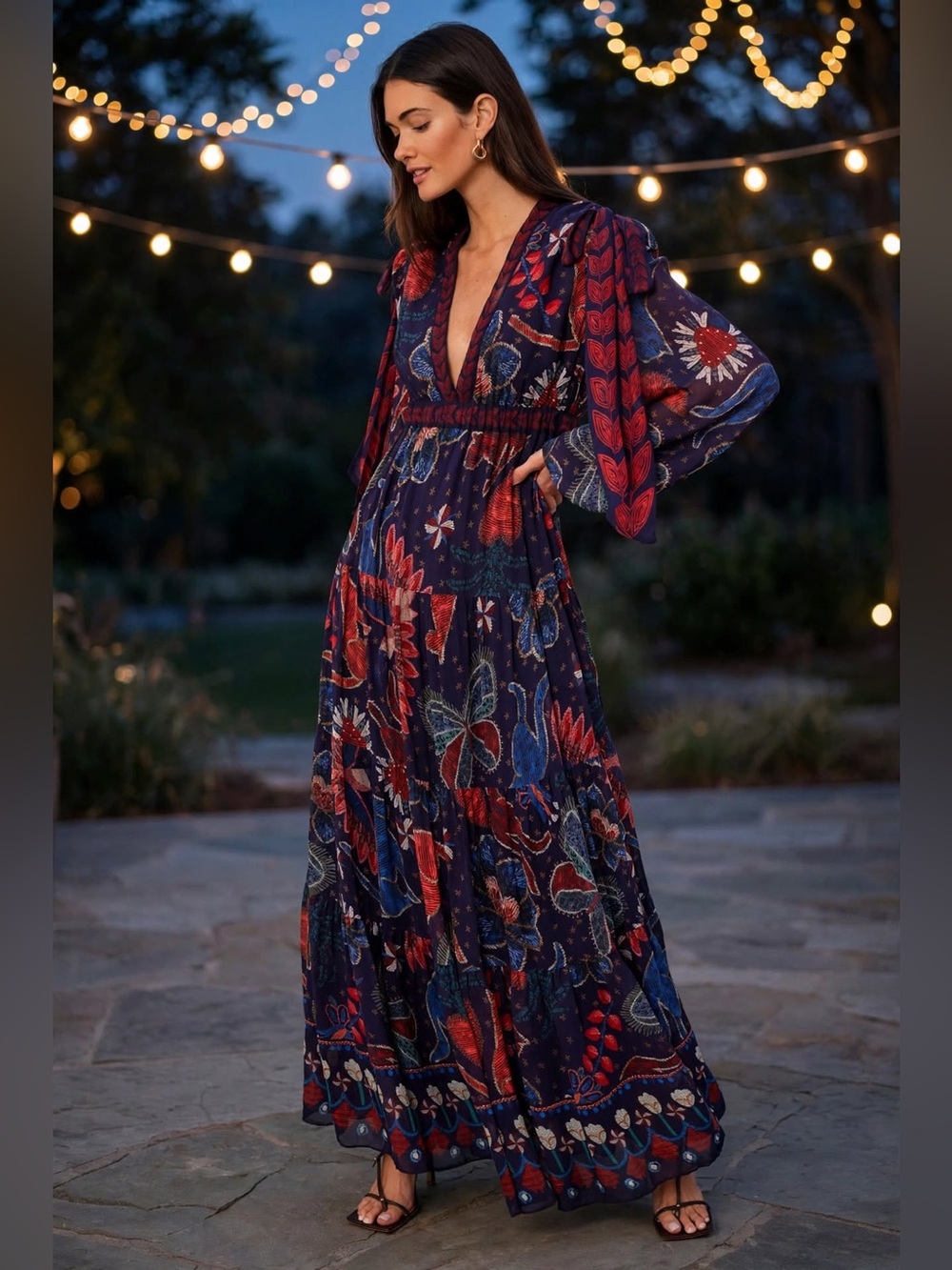 Farm Rio Tropical Shine Dress Bohemian Floral Maxi Dress in Navy Sz Sm 4-6